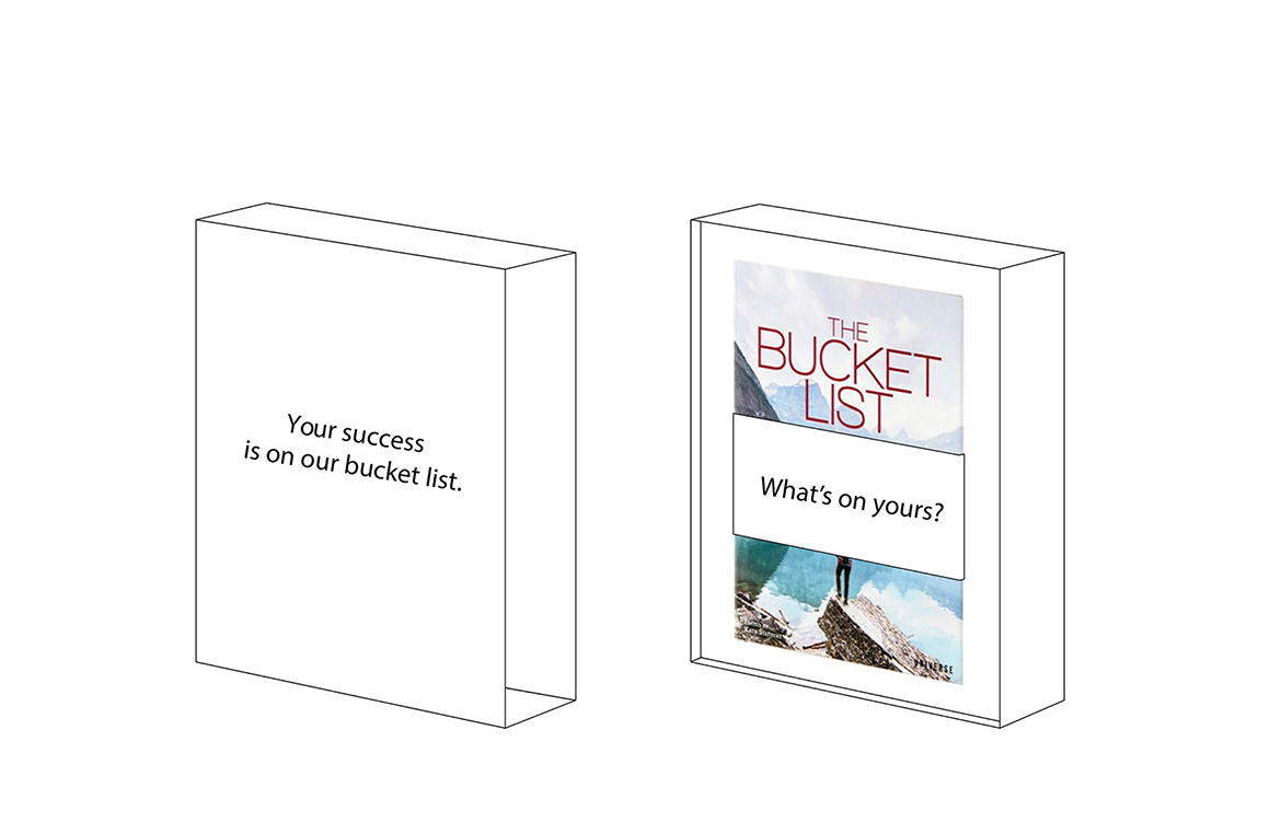 A mockup of the dimensional mailer package. The cover has s to achieve success. The inside includes, The Bucket List book written by Kath Stathers.