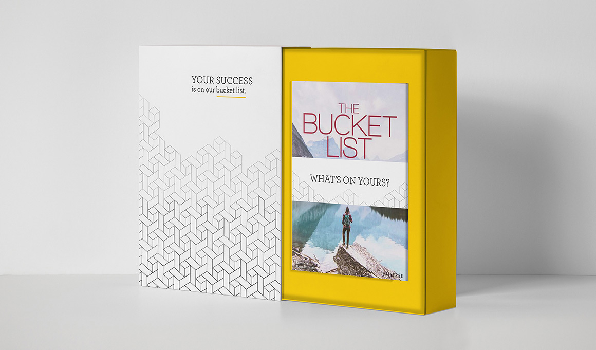 A mockup of the dimensional mailer package. The cover has with a geometric pattern that symbolizes the climb it takes to achieve success. The inside includes, The Bucket List book written by Kath Stathers.