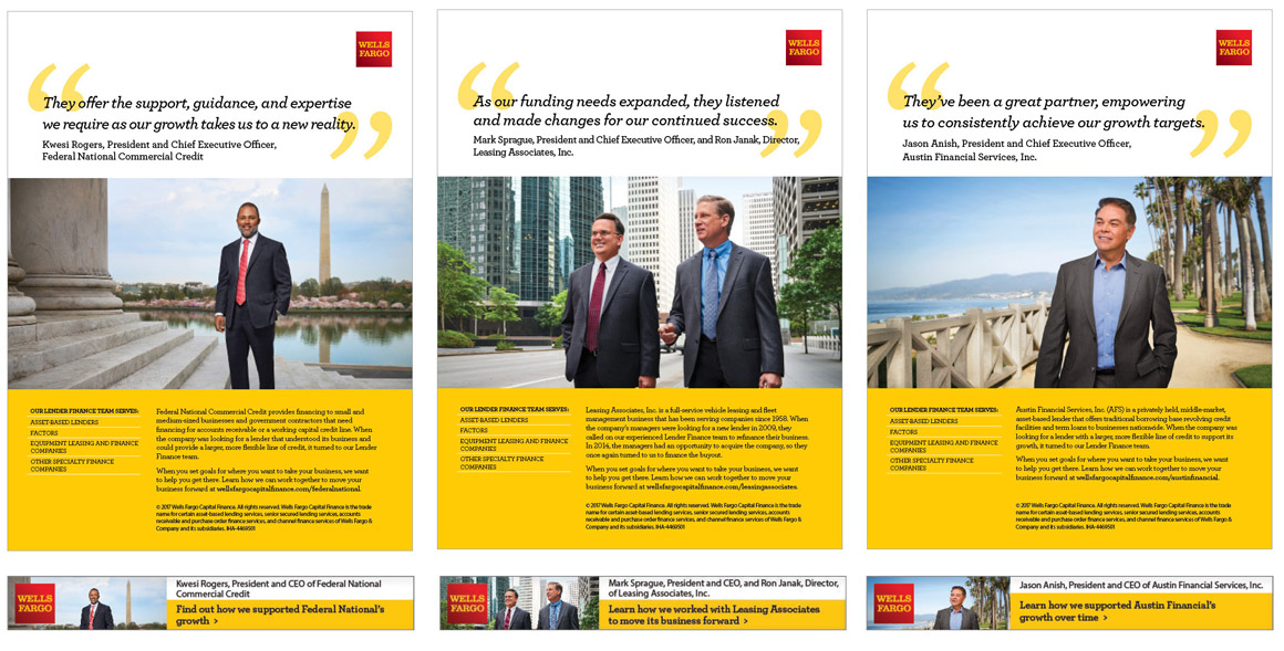 Wells Fargo mockups of branded templates for print ads and digital banners
