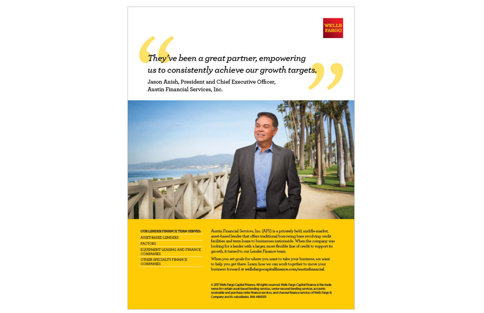 Wells Fargo ad with a middle aged man with the beach in the background.