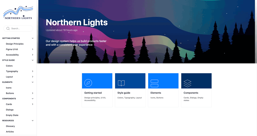 The homepage of Northern Lights is documented on zeroheight to communicate and evangelize the designs system across the organization.